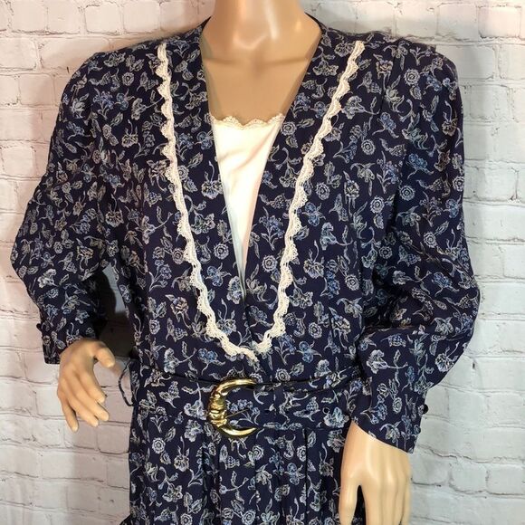 Vintage SL Fashions Blue Floral Belted Dress 1980s Size 18 Fits Much Smaller - Picture 2 of 10
